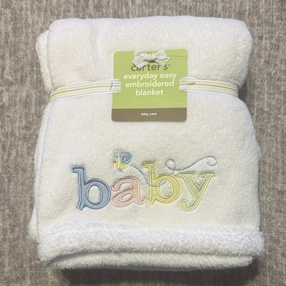 NWT Carters Everyday Easy Embroidered Baby Blanket White Plush Pastel Boy Girl